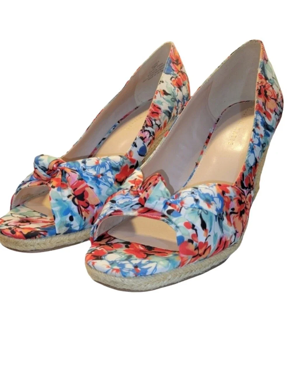 Kelly & Katie Ivala Floral Wedge Espadrille Sandal Red Blue Peep Toe Size 10